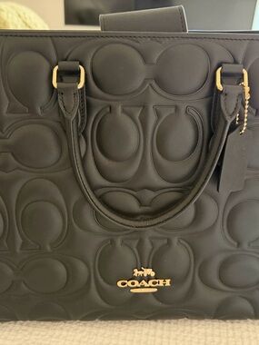 Coach Black Embossed Signature Large Maggie Tote with Gold Hardware